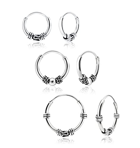 Hoops & Loops 925 Sterling Silver 10mm,12mm, 14mm Balinese Beaded Rope Lightweight Endless Hoop Earrings for Women Men, 3 Pairs | Silver, Yellow & Rose Gold