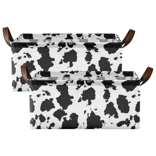 Fygkptb Cow Print Black and White Cracks Scuffs Chips Stains of Ink on White 2 PC Rectangle Foldable Frame Basket Leather Handles Storage Bin for Laundry Bathroom Organizer 16.9 x 11.4 x 7.7 inch