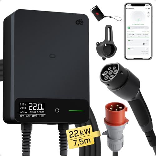 dé Typ 2 Wallbox 22kW mit APP und stromzähler, 6-32A 3-Phasen EV-Ladegerät 400V mit 7,5m Ladekabel und Kabelhalter für BEV/PHEV, RCD Typ-B & IP54-Schutz, effiziente Ladestation für Zuhause, schwarz