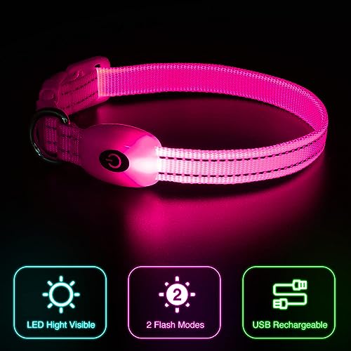 Wiederaufladbares LED-Welpenhalsband, YFbrite LED-Katzenhalsband, Bequem Leuchtende Welpenhalsbänder, Verstellbares Reflektierendes Welpen-Gehlichthalsband für Sicherheit (Rosa, XS)