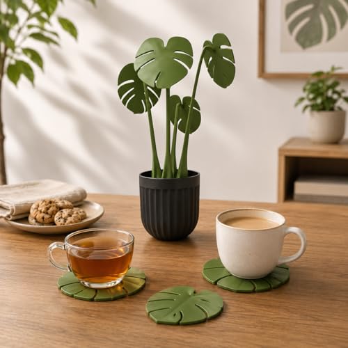 Image of SR Premium Monstera Leaf Coaster Set with Pot | Artificial Plants with Pot | Home decore | Multi-Purpose Heat Resistant Coasters & Table Trivets for Personal /Office /Home /Restaurant (1)