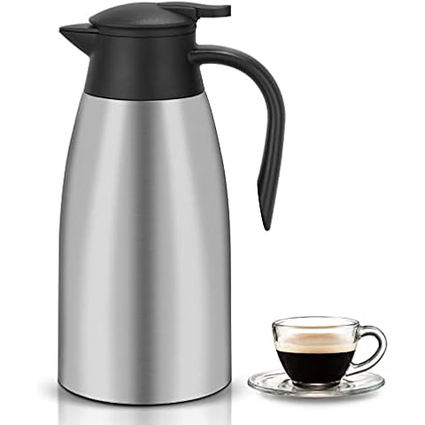 2 Litre Stainless Steel Thermal Carafe Jugs, Double Walled Vacuum Insulated Coffee Pot, Kettle Flask 12+ Hrs Heat & Cold Retention, for Tea, Milk and Coffee (Silver) Cover