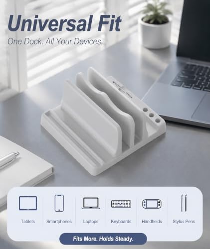 Image of Vertical Laptop Stand, Space Saving Design for Desk Organization, Dual Slot Laptop Holder for Laptop and Tablet, Compact Vertical Stand for Home Office and Dorm Rooms, White Color