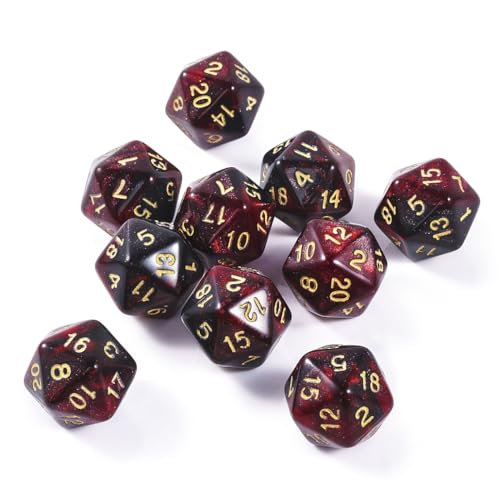 Yourandoll 10 STÜCKE Polyedrische Würfel D20 Würfel Dice 20mm Acryl Dice Spielwürfel for DND RPG Tischspiele (Sternenhimmel Rot Schwarz)