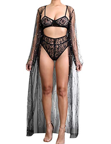 xxxiticat Women's See Through Lingerie with Pearl Black Sexy Robe Kimono Cardigan Exotic Long Sheer Mesh Beach Cover Up