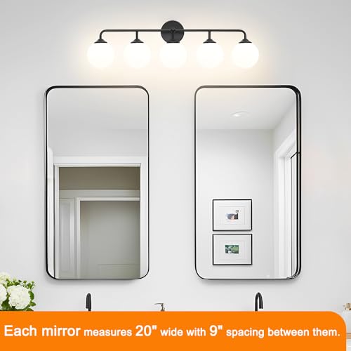 Image of Modern Matte Black 5-Lights Bathroom Vanity Light, Lighting Fixtures Over Mirror with Milky White Glass Ball Shades, Wall Sconces for Bathroom Dressing Table Bedroom