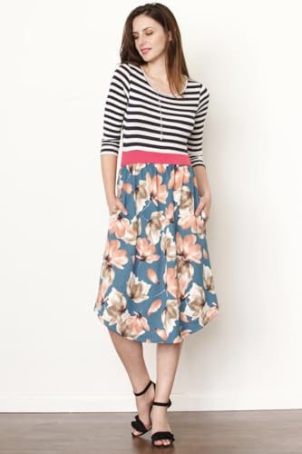 Image of Eloges Women's 3 /4 Sleeve Contrast Waist Band Floral Curved Hem Midi Dress