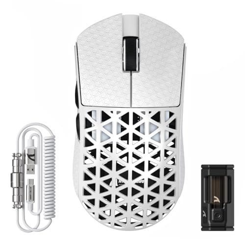 Image of ATTACK SHARK R5 Ultra Wireless Gaming Mouse,Carbon Fiber Shell 39g Superlight,PAW3950MAX Optical Sensor Nordic 52840 MCU 8K Polling 42K DPI,Tri-Mode Programmable Mice with Coiled Cable-White&Griptape