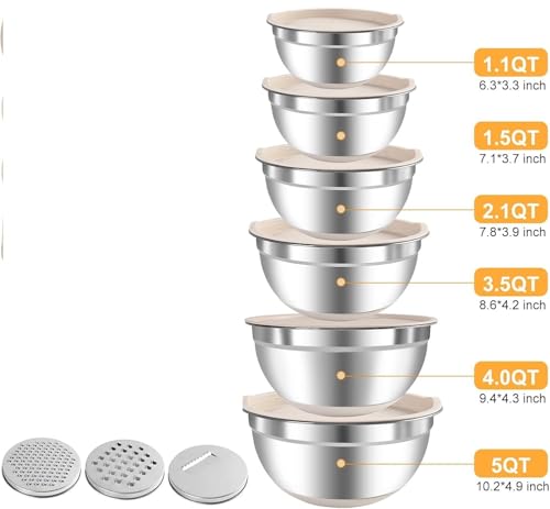 Image of 5-Piece Mixing Bowls with Lids, 3 Grater Attachments, Stainless Steel Salad Bowls for Kitchen, Size 4.6, 3.5, 2.5, 2, 1.5QT Ideal for Baking, Non-Slip Bottoms, Mixing and Serving, Khaki