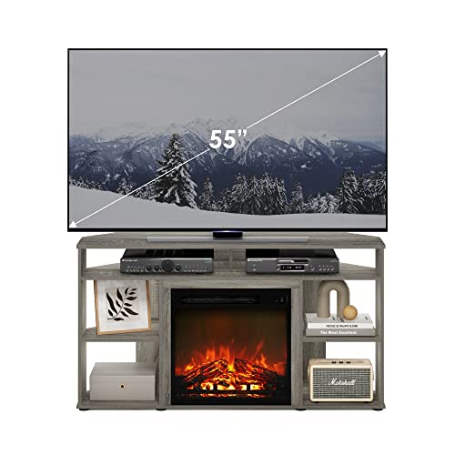 Image of Furinno Jensen Corner TV Stand with Fireplace for TV up to 55 Inches, French Oak Grey
