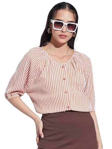 Image of Selvia Women Textured Crepe Printed Top Regular fit Shirt Style Top Round Neck Half Sleeve Stylish Top