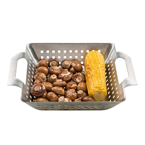 Meateor Grill-Korb aus massivem Edelstahl, geeignet für Holzkohlegrill, Gasgrill, Elektrogrill und Backofen, für kleines Grillgut oder Gemüse, Maße: 28 x 20,5 x 5,5 cm
