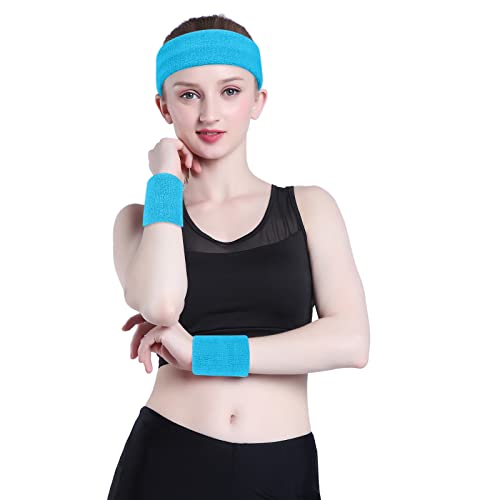 Image of ONUPGO Sweatband Set Sports Headband Wrist Striped Sweatbands Terry Cloth Wristband Athletic Exercise Basketball Wrist Sweatband and Headbands Moisture Wicking Sweat Absorbing Head Band Neon Blue