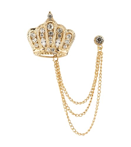 Image of Knighthood Gold Studded Crown Brooch with 3-Layer Hanging Chains for Men And Women - Royal Lapel Pin for Suits, Blazers, and Coats