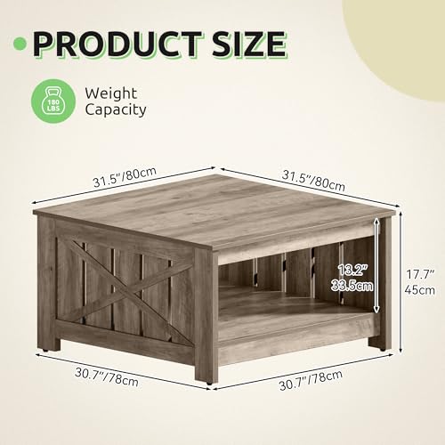 GOOBED Farmhouse Sqare Coffee Tables for Living Room with Storage, Grey Wash Coffee Table 2 Tier Spaciou Storage Shelf, Modern Center Table Small Coffee Tables, Rustic Grey