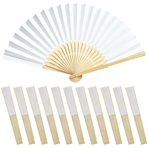 12 pack Elegant Celebration Premium Paper Hand Fans for Women Foldable Bulk Handheld Fans for Wedding Favors Outdoor Parties Abanicos de Mano para Fiesta Smooth SplinterFree Bamboo Handle Sturdy DIY