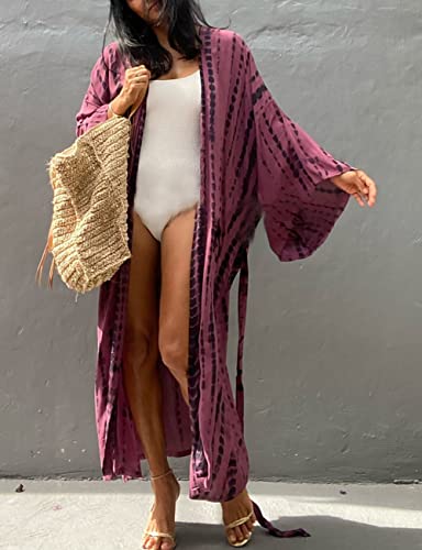 Image of Bsubseach Stylish Tie Dye Open Front Long Kimono Swimsuit Coverup for Women