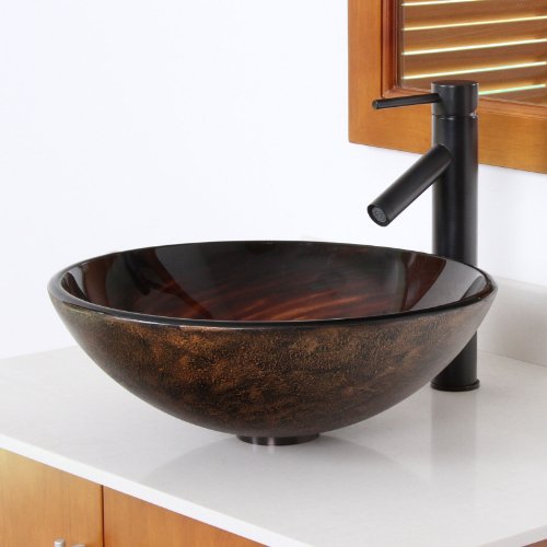 Elite Black Stripe Pattern Bathroom Glass Vessel Sink & Oil Rubbed Bronze Single Lever Faucet Combo #TOP1