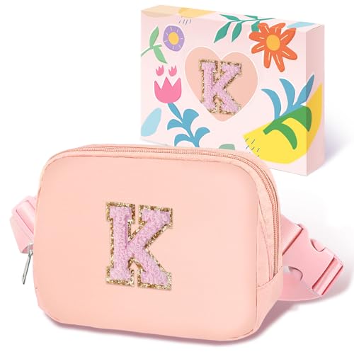 Image of COSHAYSOO Valentines Birthday Initial Gifts for Teen Girls 5 6 7 8 9 10 11 12 13 14 Year Old Pink Fanny Pack for Girls Belt Bag Crossbody Travel Purse Unique Trendy Girly Stuff Chenille Letter K