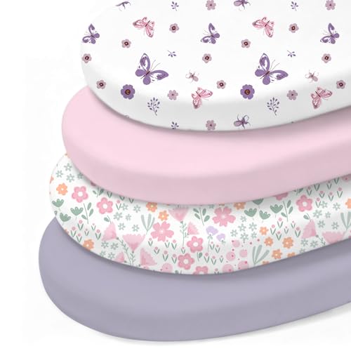 Image of Little Grape Land Bassinet Sheets for Baby Girl 4 Pack, Soft Microfiber Fitted Cradle Sheets 33"x18"x4", Breathable & Snug for Oval/Rectangle Mattress – Pink Floral/Butterfly/Light Pink/Purple