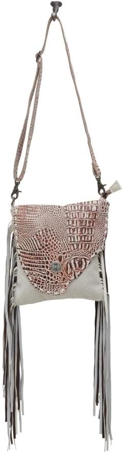 Myra Bag Western Leather Crossbody Bag for Women - Hairon Upcycled Canvas Flap Boho Bag with Tassel Smokey