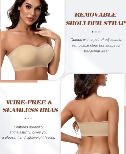 Image of DOCUMO Strapless Bra for Women Padded Bandeau Bra Non-Slip Silicone Seamless Wireless Tube Top (Beige, Large)