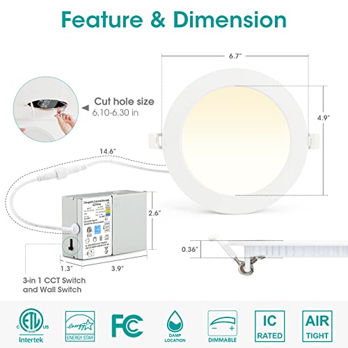 Recessed Lighting 6 Inch 12 Pack Color Changing By Wall Switch,12W Eqv 100W, Etl Air Tight Ic Rated 1050 Lumen Dimmable Ultra Thin Led Recessed Ceiling Lights 3000K 4000K 5000K Downlight, Energy Star #TOP5