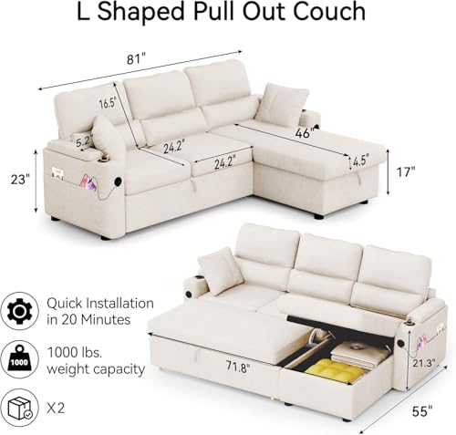 Image of Pull Out Couch, L Shaped Convertible Sleeper Sofa Bed with Hidden Storage for Living Room Apartment, 3-in-1 Linen Sectional with Side Pocket, Charging Station, Cup Holder(Beige