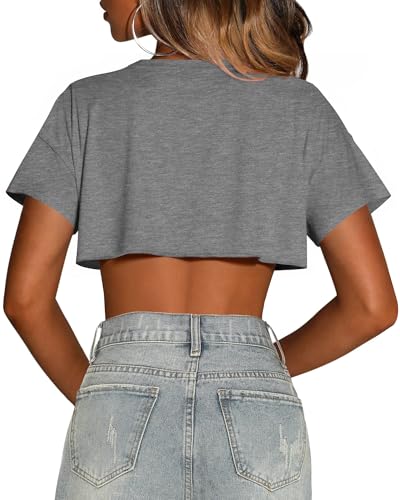 Image of Crop Tops for Women Oversized Short Sleeve T Shirts Crew Neck Cropped Tees