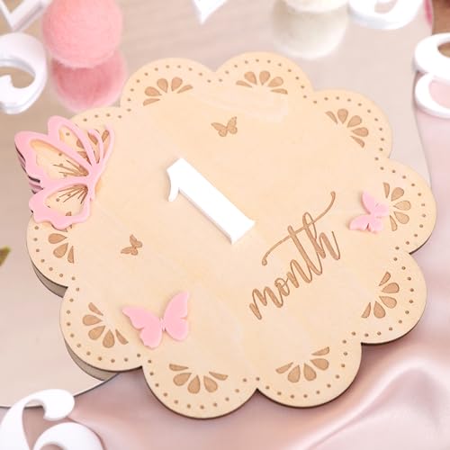 Image of Butterfly Wooden Monthly Milestone Cards - 1-12 Months Interchangeable Baby Months Signs, Double-Sided Printing, Round Butterfly Milestone, Newborn Memento Milestone, Baby Shower Photo Props