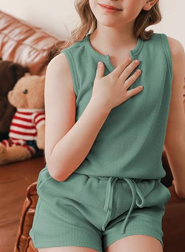 Image of blibean Girls Summer Clothes Set Kids Waffle Pockets Cotton Outfit Size 4-13 Years