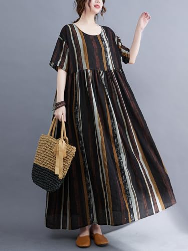 Image of Women's Boho Plus Size Dress Summer Casual Baggy Dress Striped