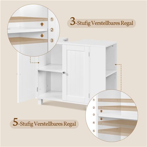 Yaheetech Waschbeckenunterschrank, Unterschrank, Badezimmerschrank mit 2 Türen, rechts oder Links austauschbar, Badschrank, höhenverstellbare Ablage, Weiß, 75x30x62 cm