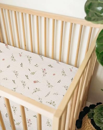 Image of Muslin Bedside Bassinet Sheets 2 Pack, 33x20 Fitted Ultra Soft & Breathable Bedside Sleeper Sheets, Ideal for Baby Girl and Boy, Perfect for Newborns (Petal Leaf & Pink)