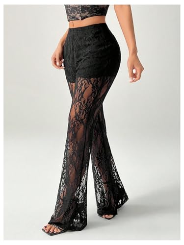 SOLY HUX Women's Lace Sheer Flare Leg Pants Elastic Waist Bell Bottom Long Trousers3