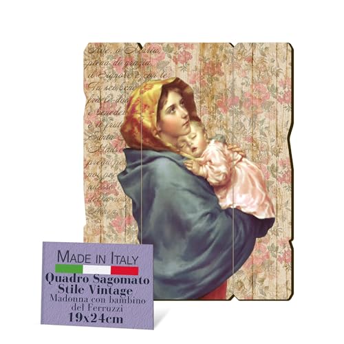 Fratelli Bonella - Cuadro Virgen Con Niño del Ferruzzi Recortado Vintage - Madera de Álamo, Grosor 8 mm - Para Dormitorio 19 x 24 cm - 100% Fabricado en Italia