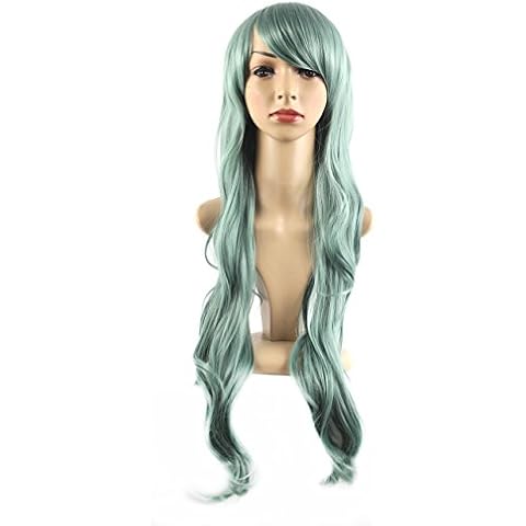 Xiaoyu 22"80cm Oblique Bangs Long Curly Hair Cosplay Costume Party Women Wigs - Dark Green Cover