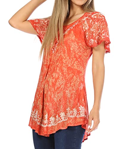 Sakkas Ash Speckled Tiedye Embroidered Cap Sleeve Blouse Top with Embroidery Hems3