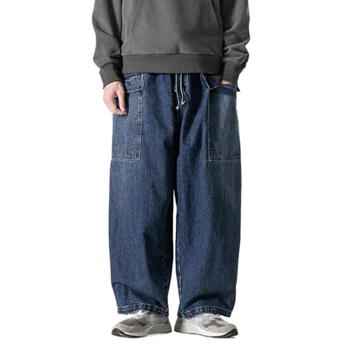 Men Straight Denim Pants Loose Trousers Male Causal Oversize Wide Leg Pants Elastic Waist Jeans