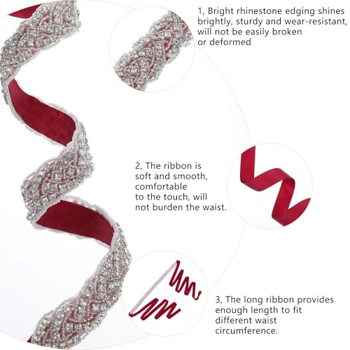 Bridal Rhinestone Belt for Women, Handcrafted Sparkly Rhinestone Belts for Formal Dress, Wedding Dress Belt Glitter Ribbon Belt for Jeans Dress(Red)3