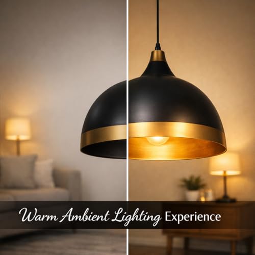 Image of DarkVision Modern Metal Black with Gold Shade Hanging Pendant Light Dome Shape with Adjustable Cord Ceiling Fixture for Kitchen Island, Bedroom, Living Room, Balcony, Dining Area (Bulb Included)