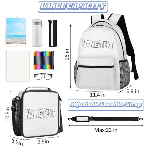 Customized Backpack with Lunch Box White Travel Backpack Bookbag & Lunch Bag Personalized Insulated Lunchbox Waterproof Daypack Laptop Backpack Freezable Lunch Bag2