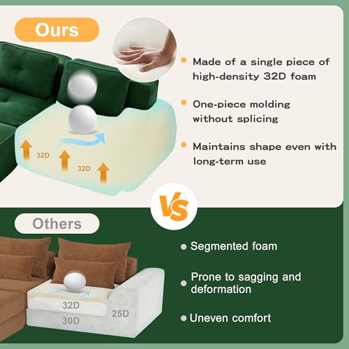 Image of 116.1 inch Modular Sectional Boneless Sofa with 5-Seater, V-Shaped Corner Deep Seat Sofa for Living Room, Big Comfy Cloud Couch with 2 Movable Ottomans, Corduroy Fabric, No Assembly, Green