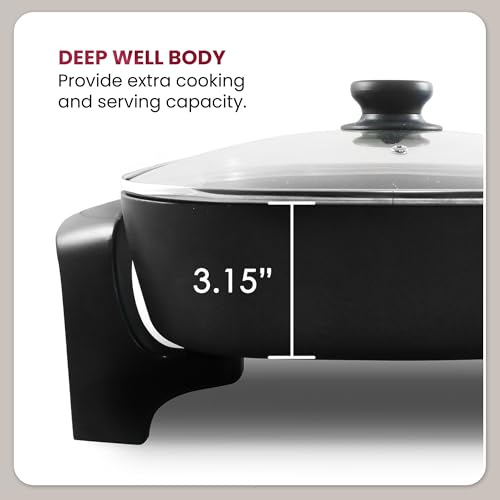 Image of Elite Gourmet EG6201 Extra Deep 12 inchx12 inchx3.2 inch (7.5Qt.) Scratch Resistant Dishwasher Safe, Non-stick Electric Skillet with Glass Vented Lid, Adjustable Temperature, Black