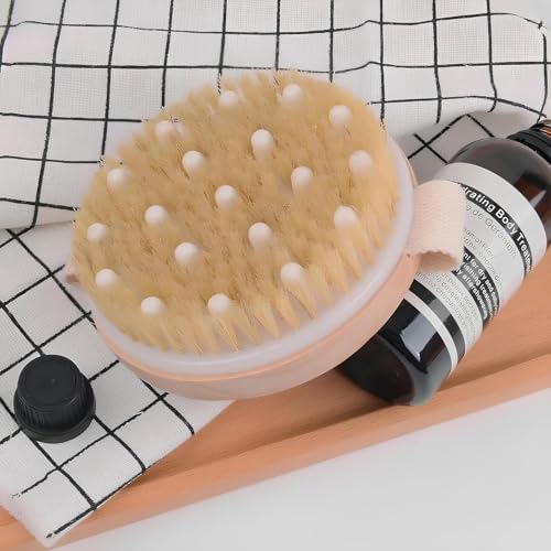 Image of KIMEE Premium Wooden Bath Brush with Massaging Nodes | Body Scrubber for Wet & Dry Brushing | Natural Bristles for Exfoliation, Dead Skin Removal & Back Cleaning | Suitable for Men & Women