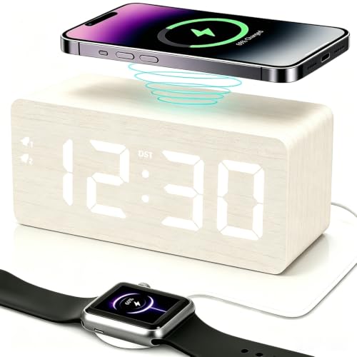 URAYCO Wooden Digital Alarm Clock 10W Fast Wireless Charger Station & 2 USB Charging Ports with 0~99% Dimmer Dual Alarm Weekday/Weekend Mode Wood LED Clock for Bedroom Desk Office