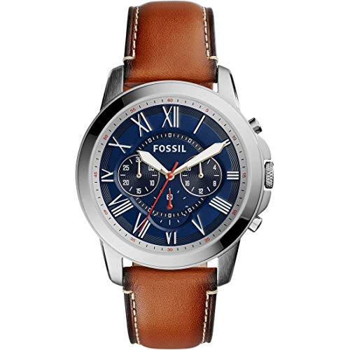 Fossil Reloj para hombre Grant, movimiento cronógrafo de cuarzo, caja de acero inoxidable plateado de 44 mm con correa de piel, FS5210