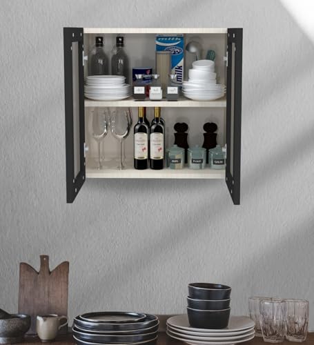 Image of SPECIALITY PANELS Aluminium Black Profile 2 Door Wall Cabinet | Brown Tinted Glass Handless Shutters | Wall Mounted Kitchen Storage Cupboard | Modern Space Saving Organizer | DIY Assembly