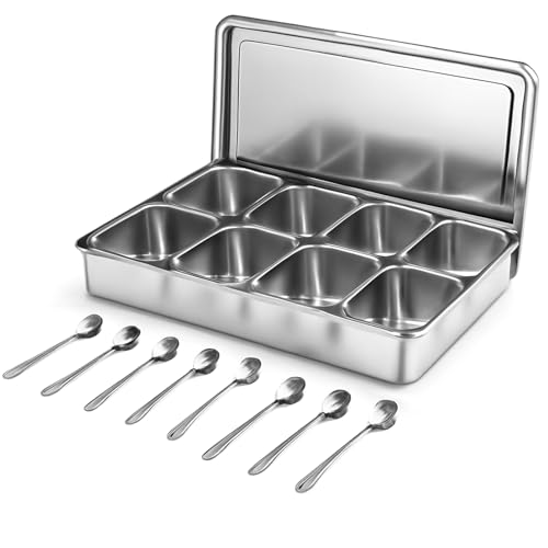 Stainless Steel Spice Box Tray 45*30cm with 8 Removable Compartments Multi Grid Seasoning Storage Box Container Cruet for Home Kitchen Condiment Jars with Lid and Spoon Pepper Salt Sugar Organizer