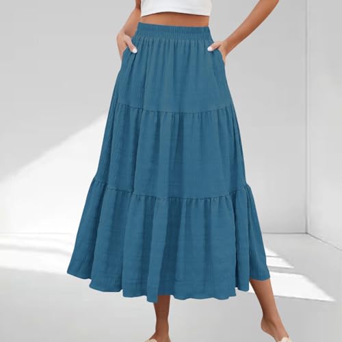 Women's Tiered Maxi Skirt Casual Fashion Flowy A-Line Elastic High Waist Trendy Beach Long Skirts with Pockets2